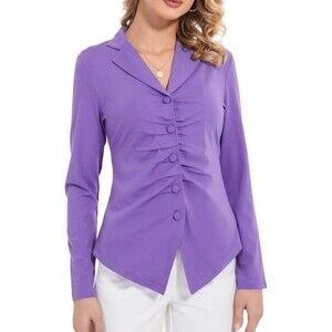 Purple Long Sleeve Button-Up Blouse with Pleated Front Design